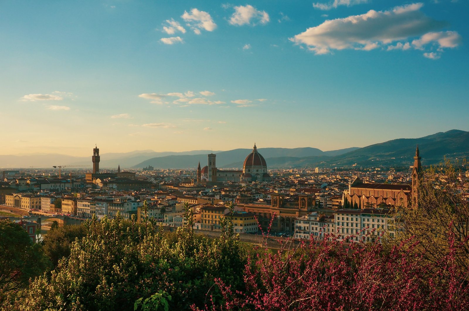 Florence rooftops and domes in golden evening light