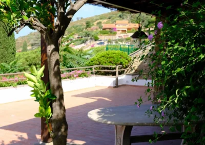 Stone table in the shade of a tree on the terrace, overlooking the hill of Castiglione della Pescaia