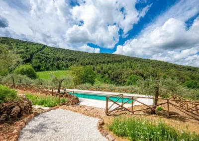 Swimming pool set in the garden with views of wooded hills and fields near Monteriggioni