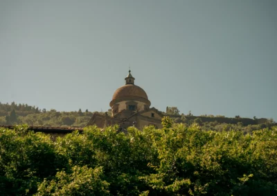 View from Villa Santa Maria Nuova of a Renaissance church dome rising above the olive trees of Cortona