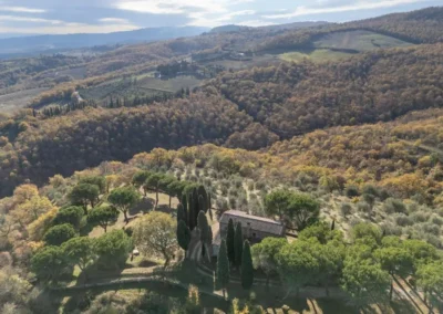 Aerial view of the estate among olive groves, woods and rolling hills of the Valdichiana