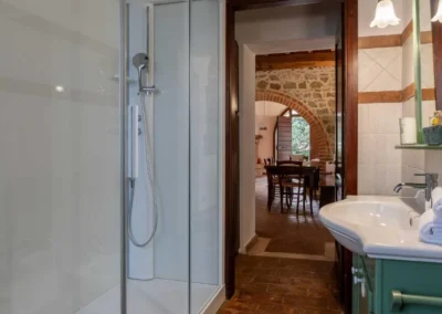 Bathroom with glass shower and washbasin opening onto the dining area